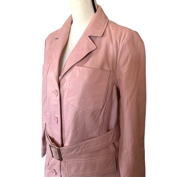Genuine leather button up pink jacket with belt women size Small - Picture 7 of 13
